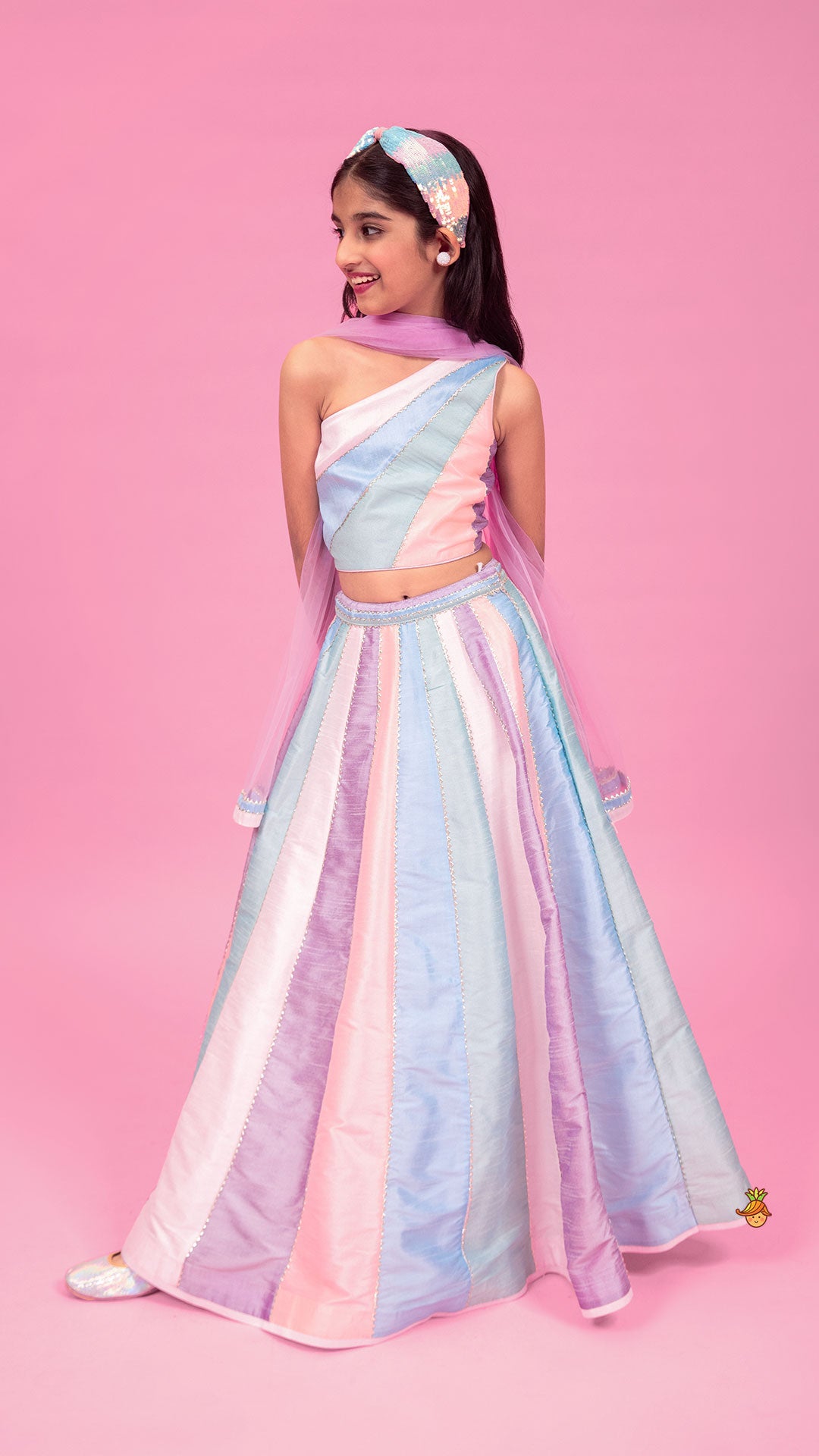 Colour Blocked Multicoloured Top With Lehenga And Dupatta