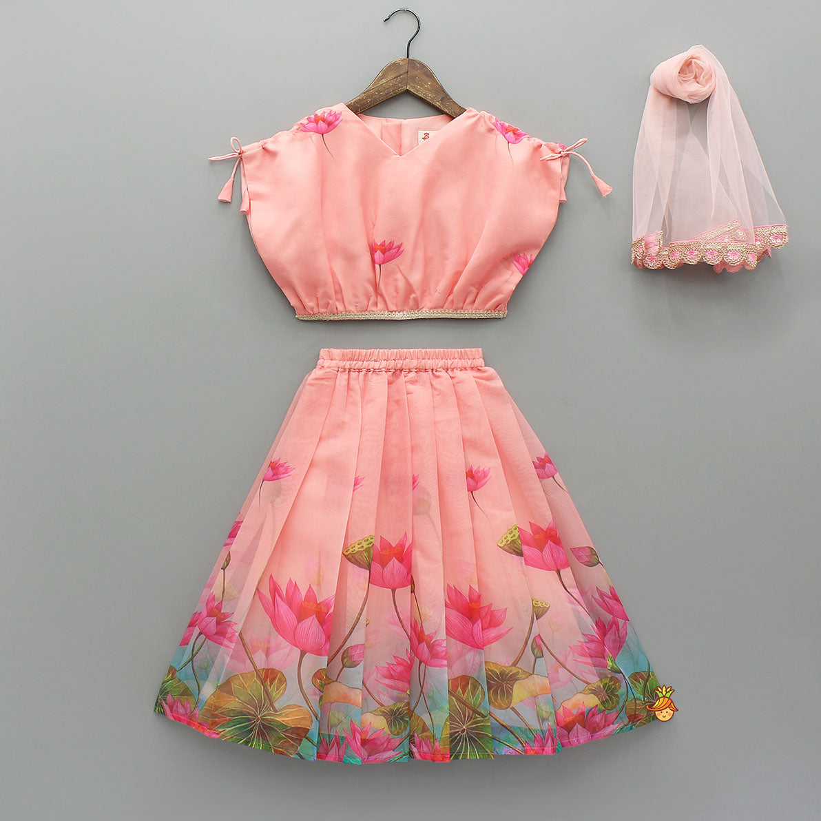 Peach Floral Printed Cape Style Top And Lehenga With Dupatta