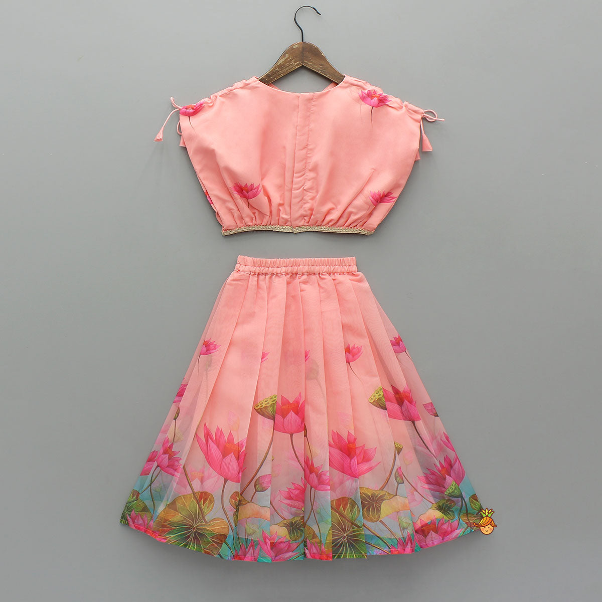 Peach Floral Printed Cape Style Top And Lehenga With Dupatta