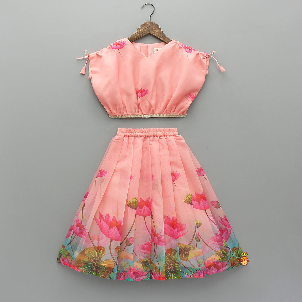 Peach Floral Printed Cape Style Top And Lehenga With Dupatta