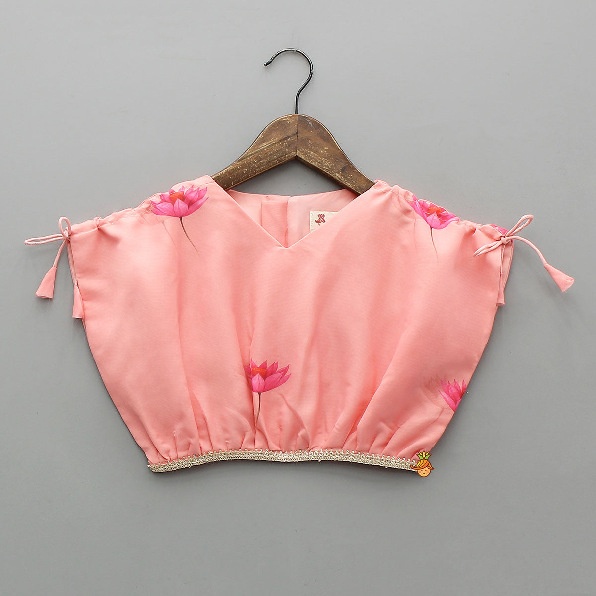 Peach Floral Printed Cape Style Top And Lehenga With Dupatta