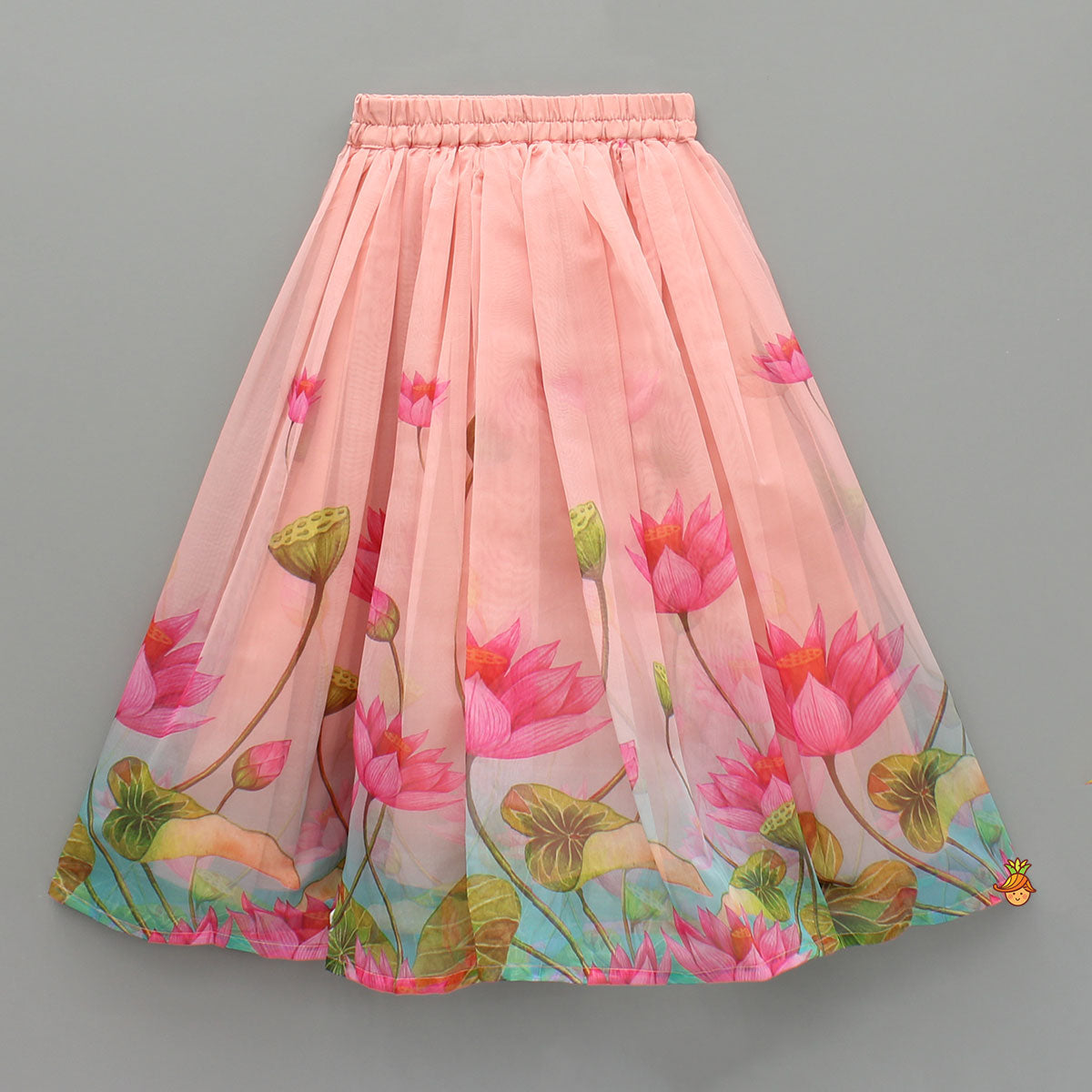 Peach Floral Printed Cape Style Top And Lehenga With Dupatta