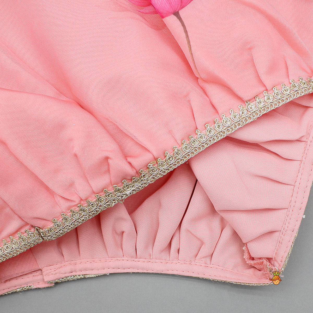 Peach Floral Printed Cape Style Top And Lehenga With Dupatta