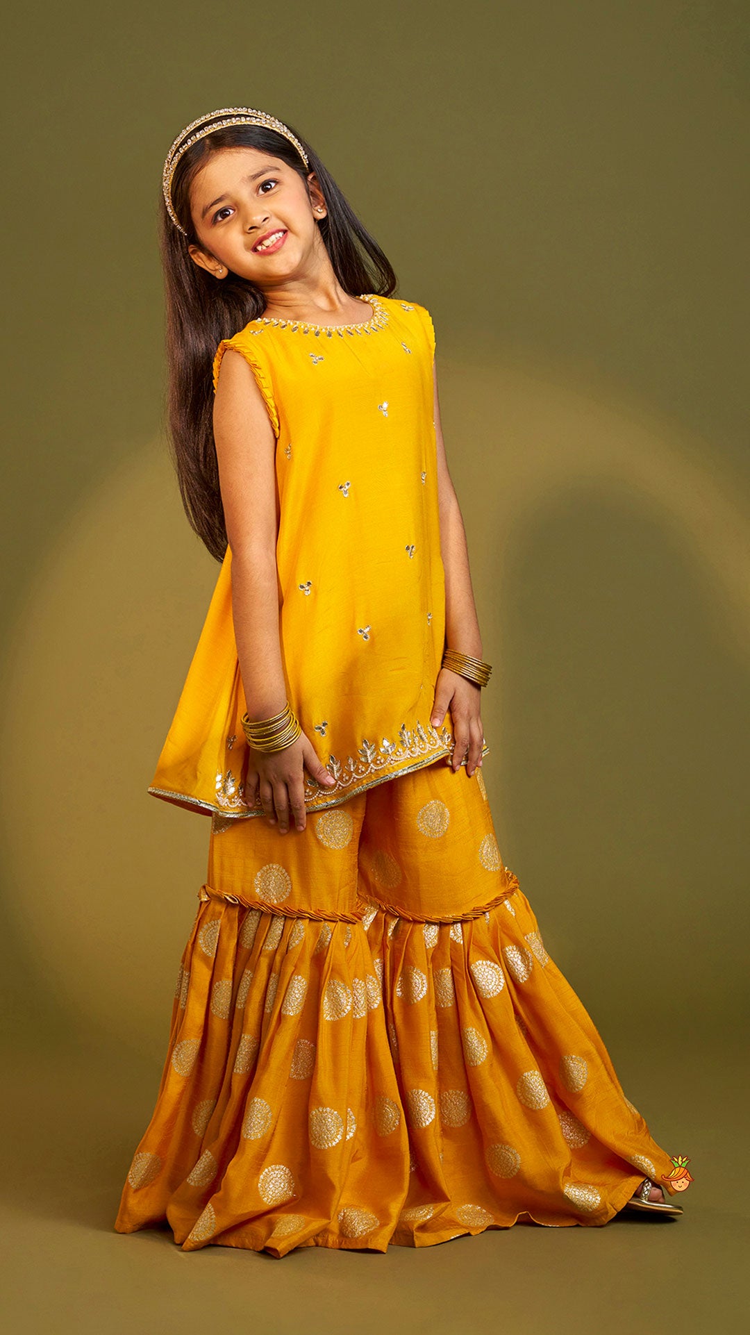 Embroidered Mustard Kurti And Sharara