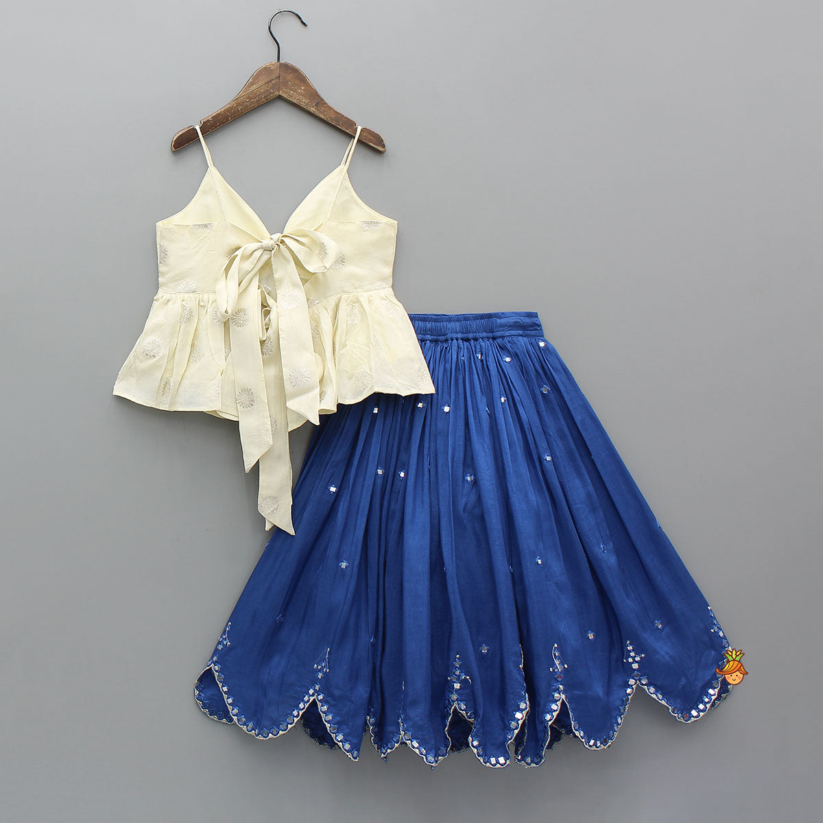 Off White Tie Up Strap Top And Faux Mirror Work Lehenga