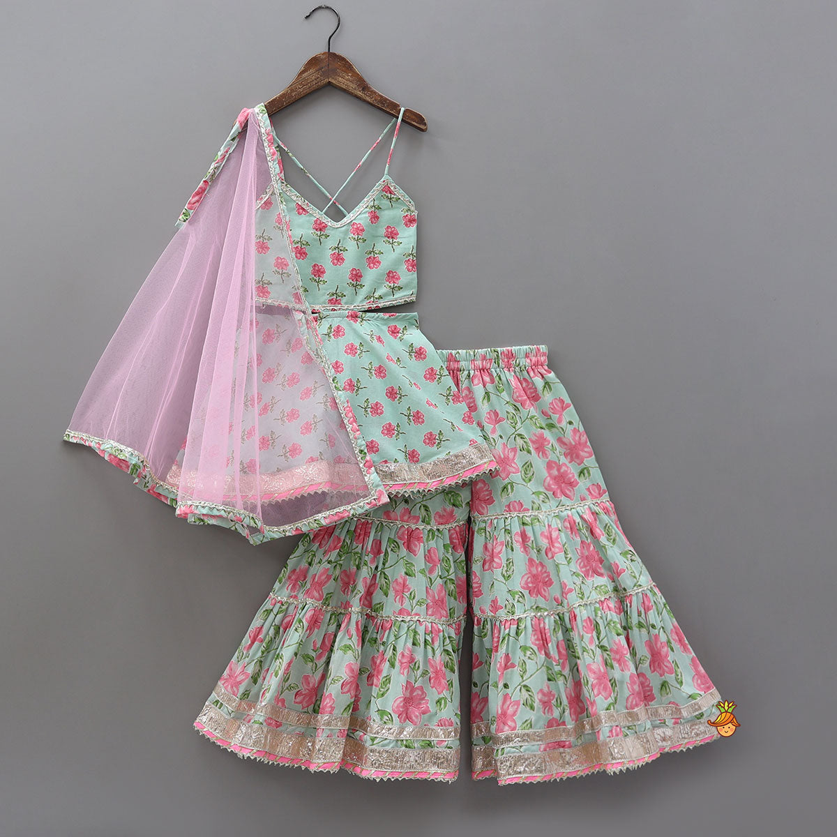 Floral Printed Stylish Backless Kurti With Sharara And Dupatta