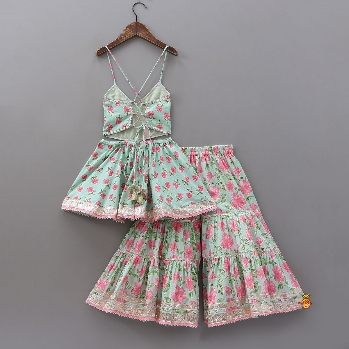 Floral Printed Stylish Backless Kurti With Sharara And Dupatta