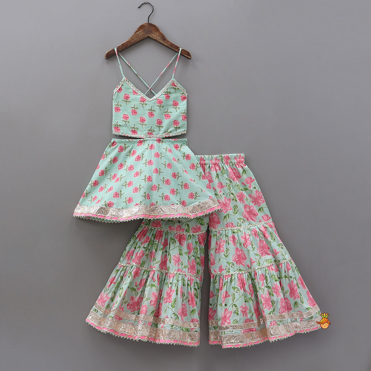 Floral Printed Stylish Backless Kurti With Sharara And Dupatta