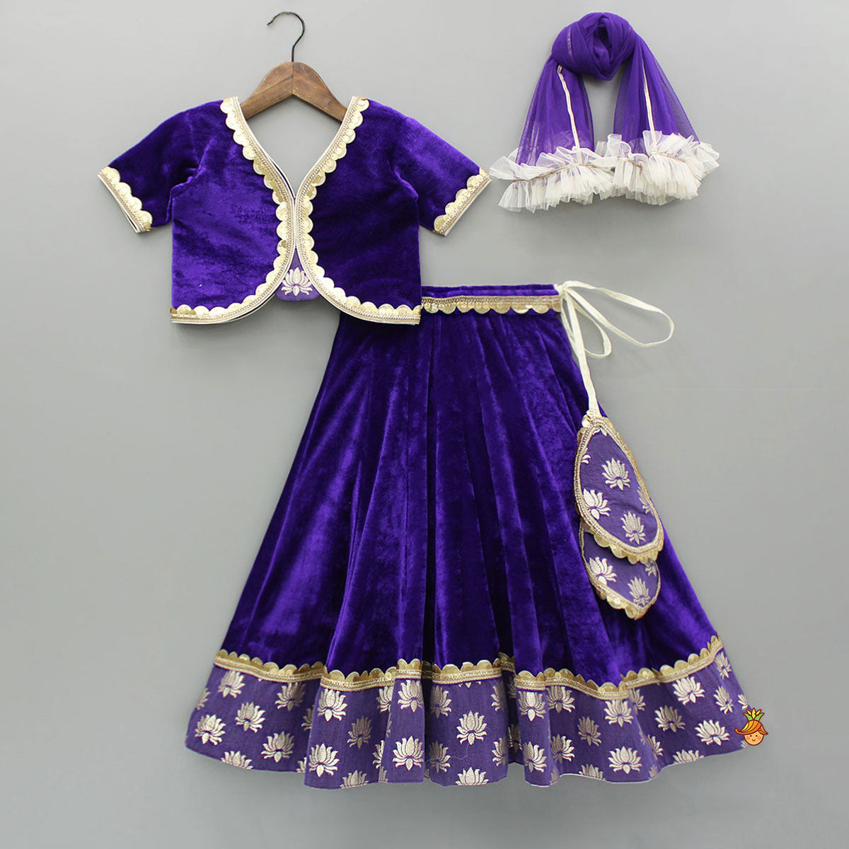 Purple Velvet Lace Detailed Top And Lehenga With Dupatta
