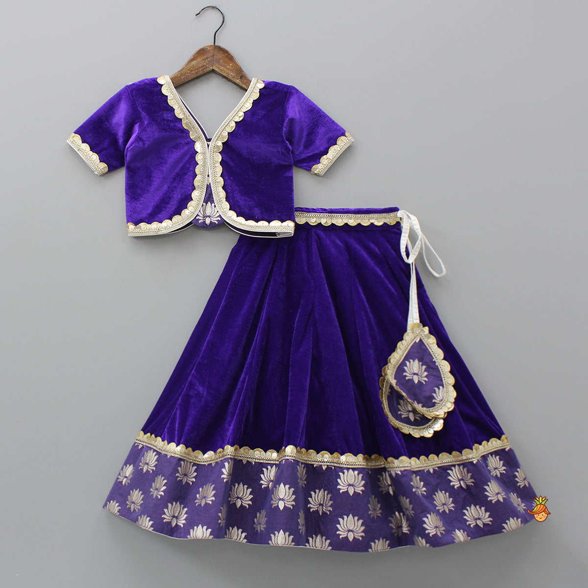 Purple Velvet Lace Detailed Top And Lehenga With Dupatta