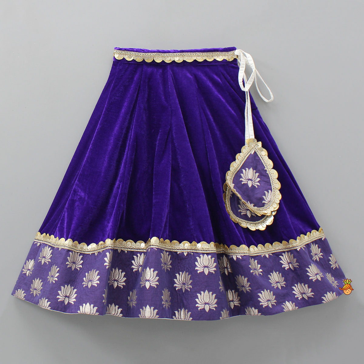Purple Velvet Lace Detailed Top And Lehenga With Dupatta