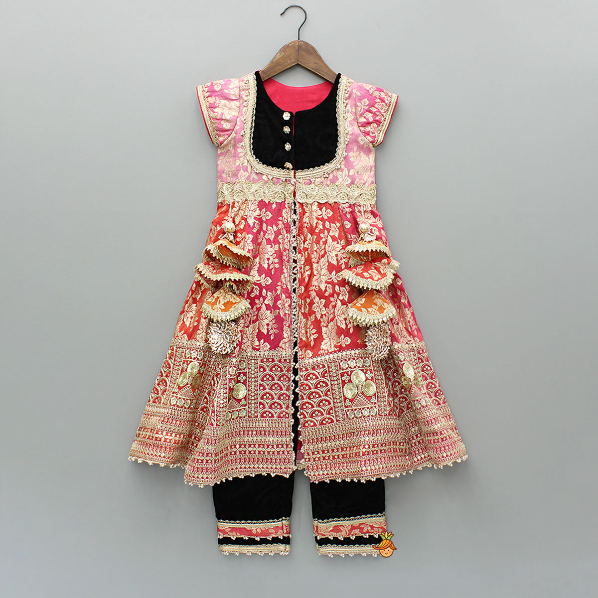 Pink Chanderi Embroidered Long Kurti And Black Velvet Pant