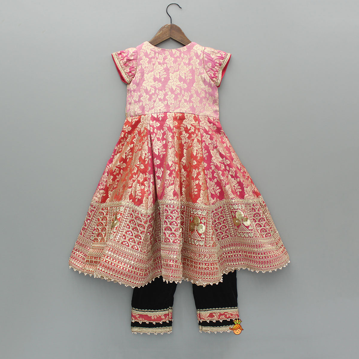 Pink Chanderi Embroidered Long Kurti And Black Velvet Pant