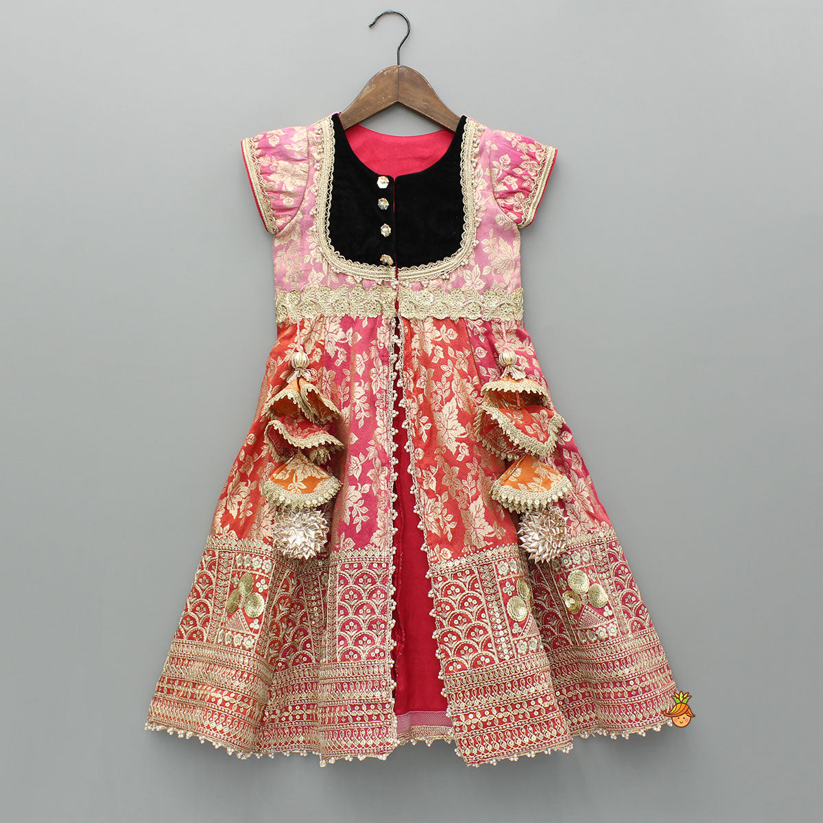 Pink Chanderi Embroidered Long Kurti And Black Velvet Pant