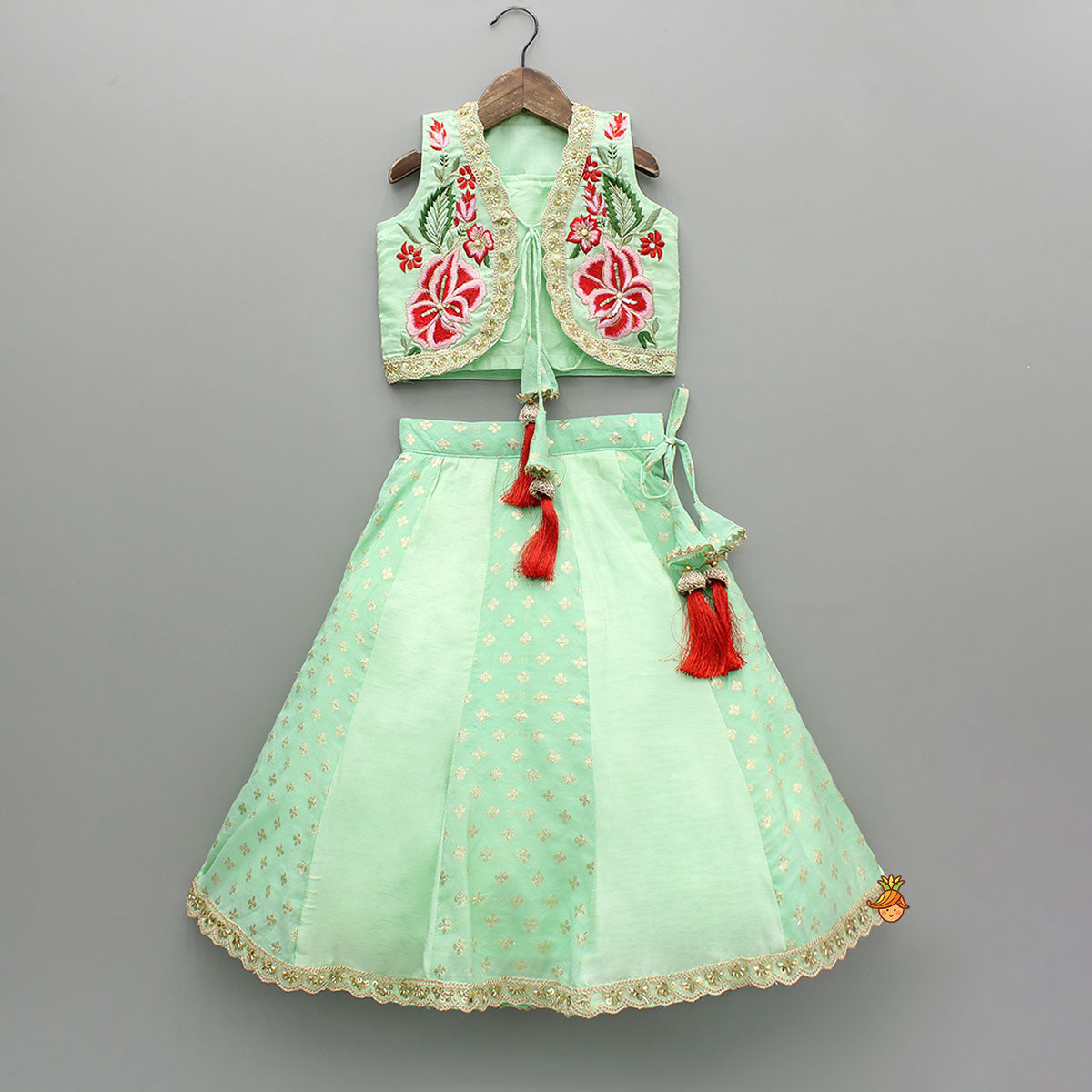 Green Strappy Top With Embroidered Jacket And Lehenga