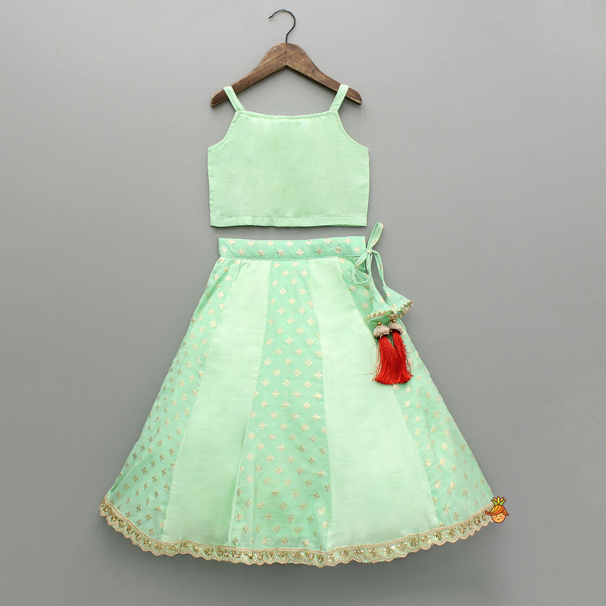 Green Strappy Top With Embroidered Jacket And Lehenga