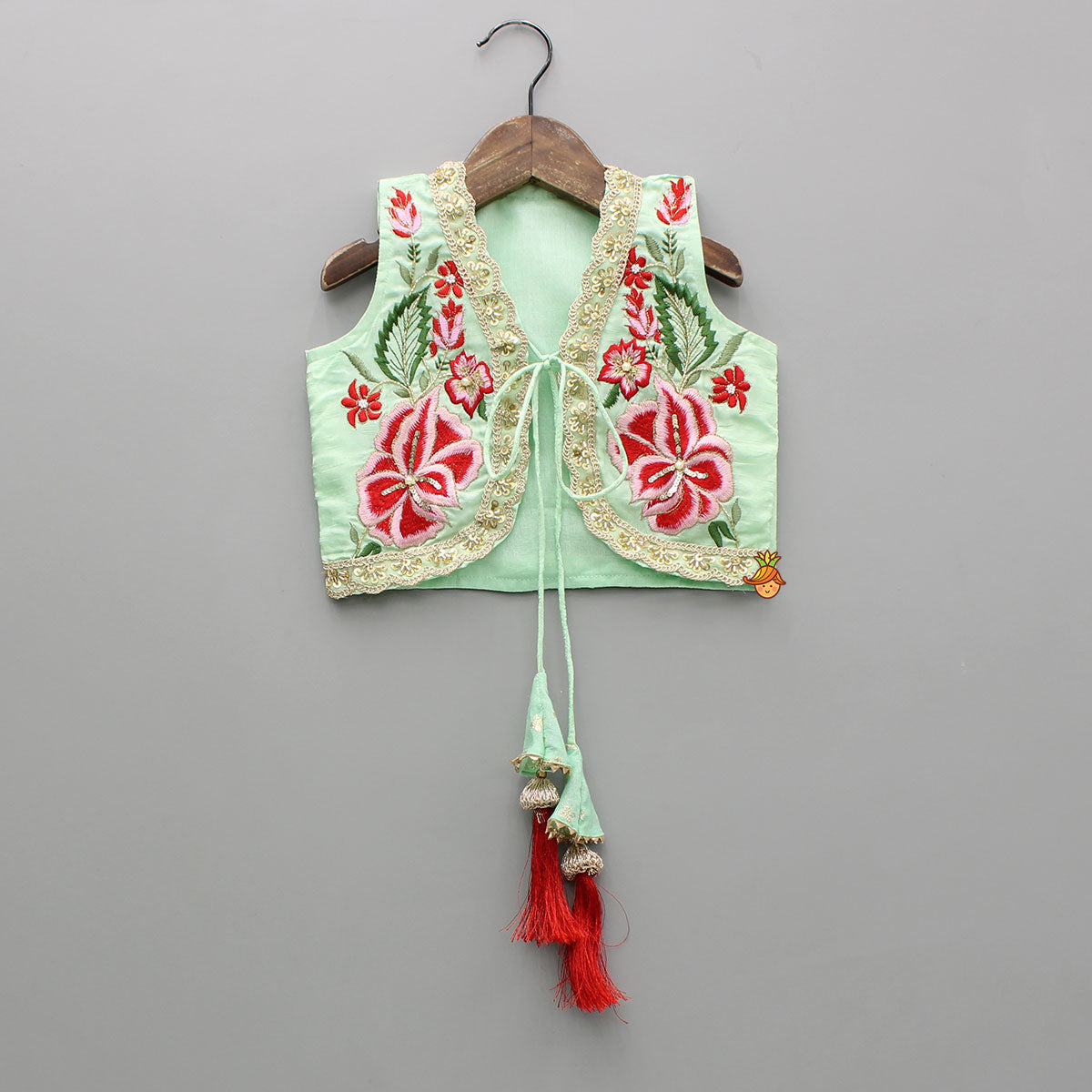 Green Strappy Top With Embroidered Jacket And Lehenga
