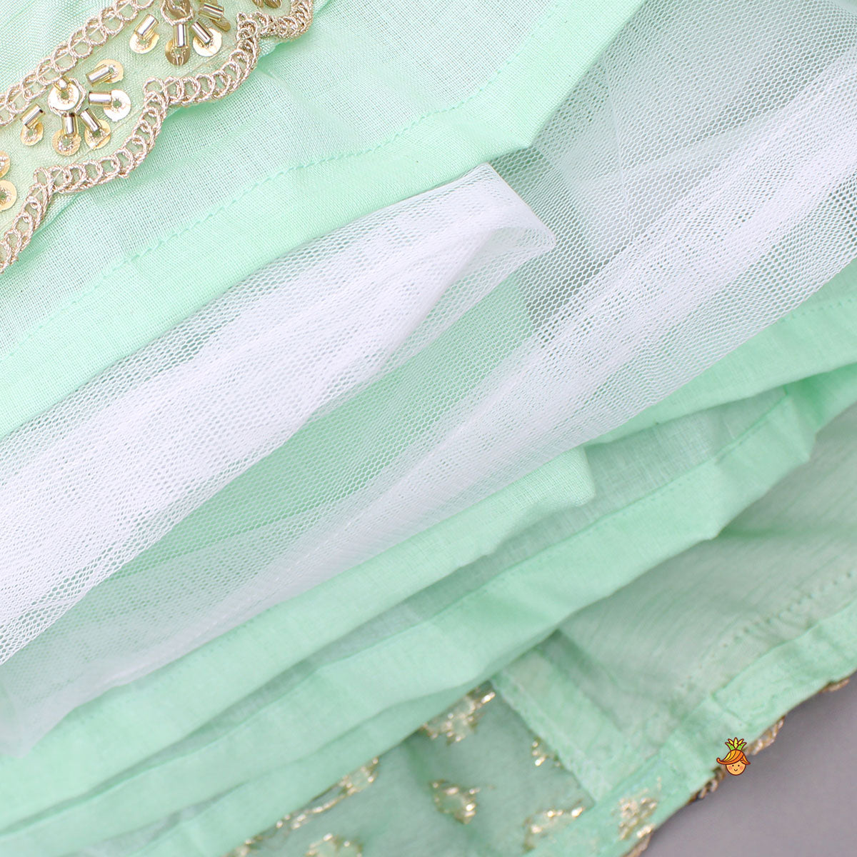 Green Strappy Top With Embroidered Jacket And Lehenga