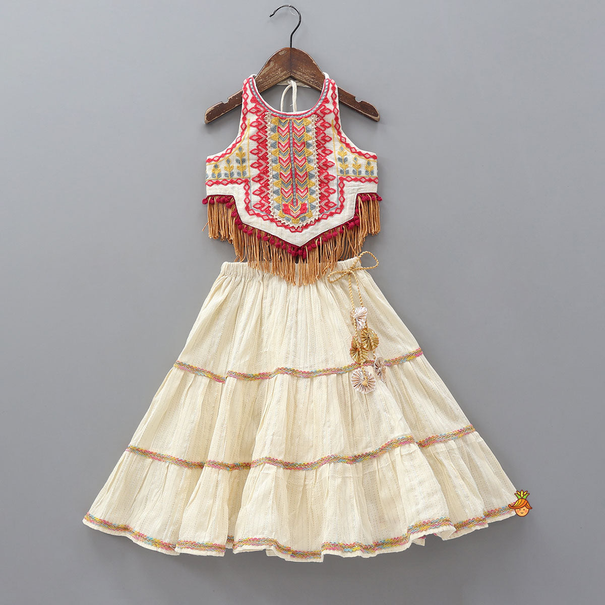 Thread Embroidered Halter Neck Top And Off White Lehenga