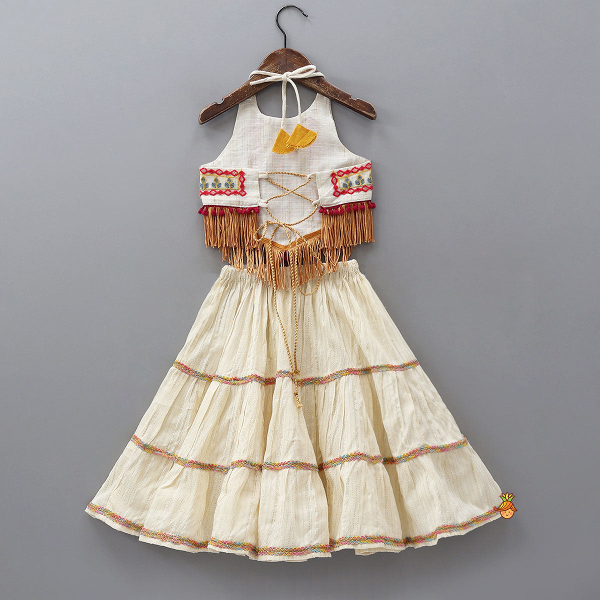 Thread Embroidered Halter Neck Top And Off White Lehenga