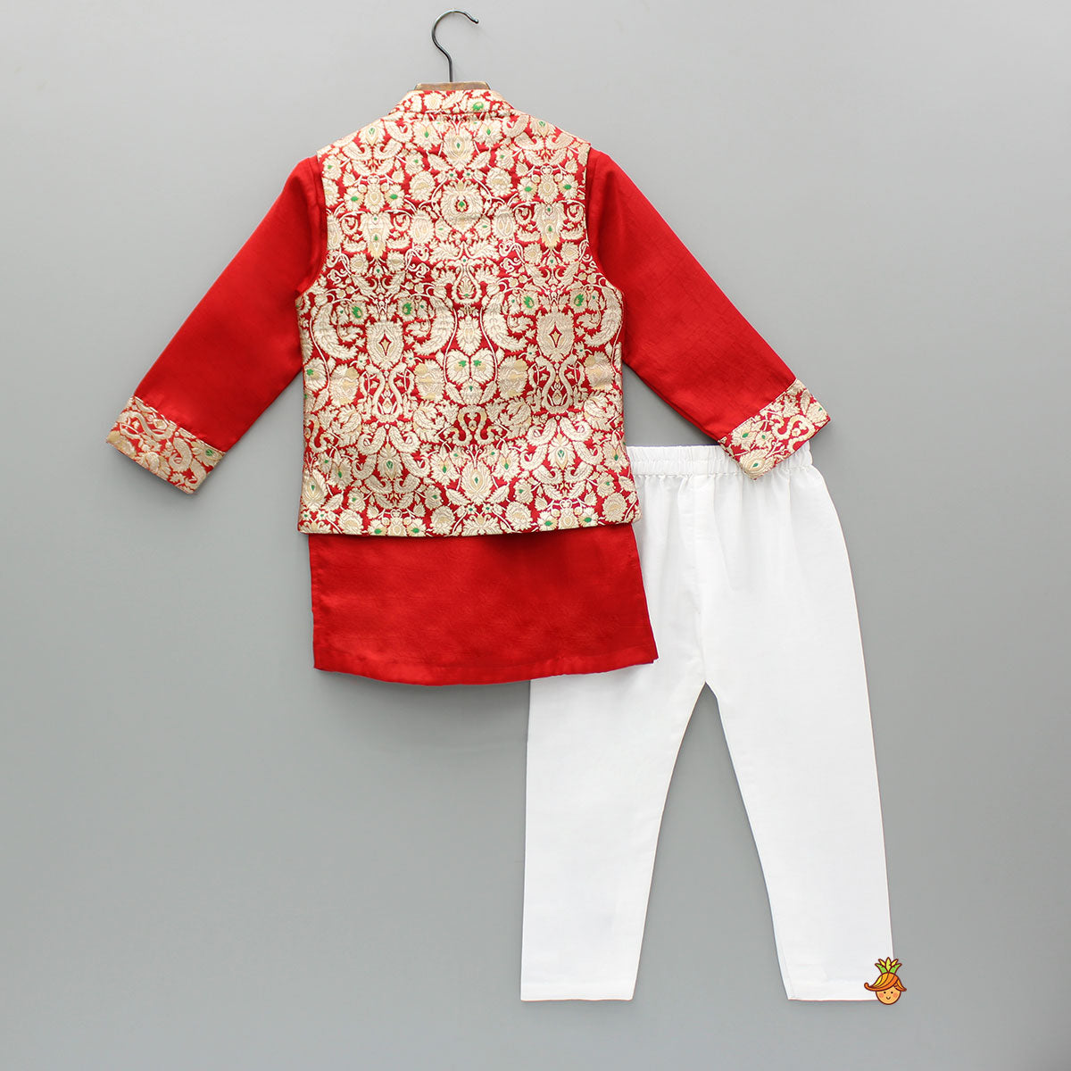 Red Kurta With Brocade Jacket And Pyjama