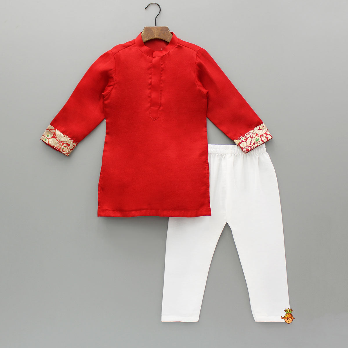 Red Kurta With Brocade Jacket And Pyjama