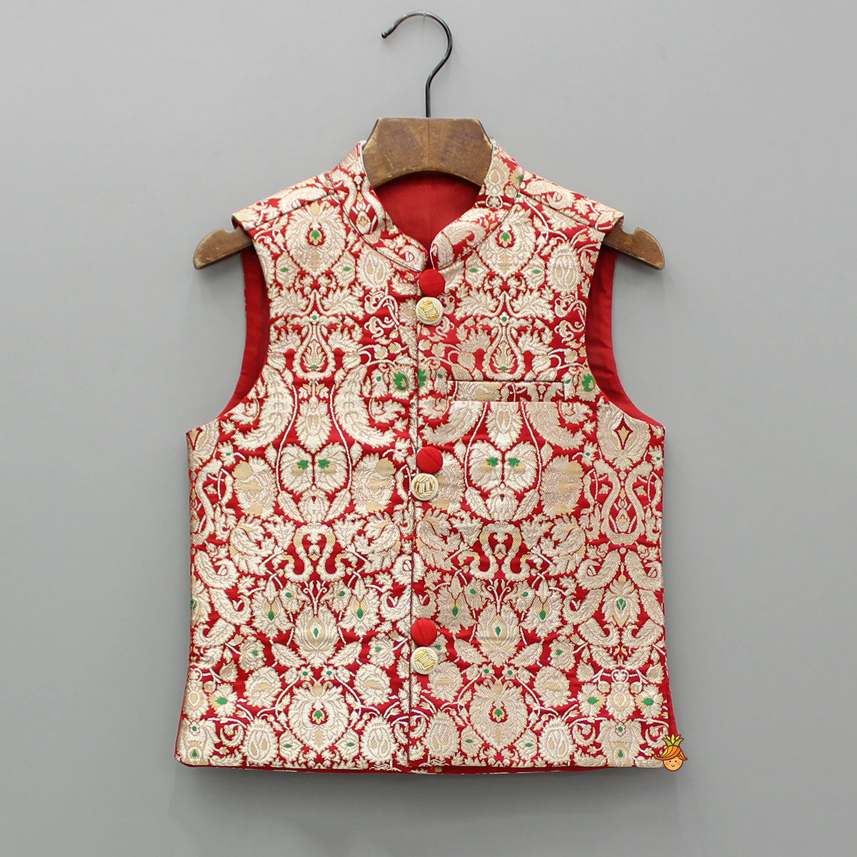 Red Kurta With Brocade Jacket And Pyjama