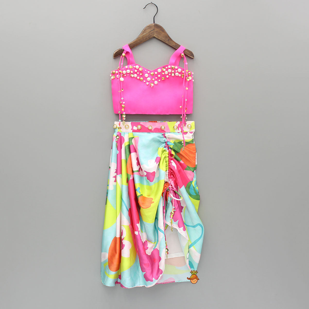 Pink Embellished Strappy Top And Printed Draped Skirt