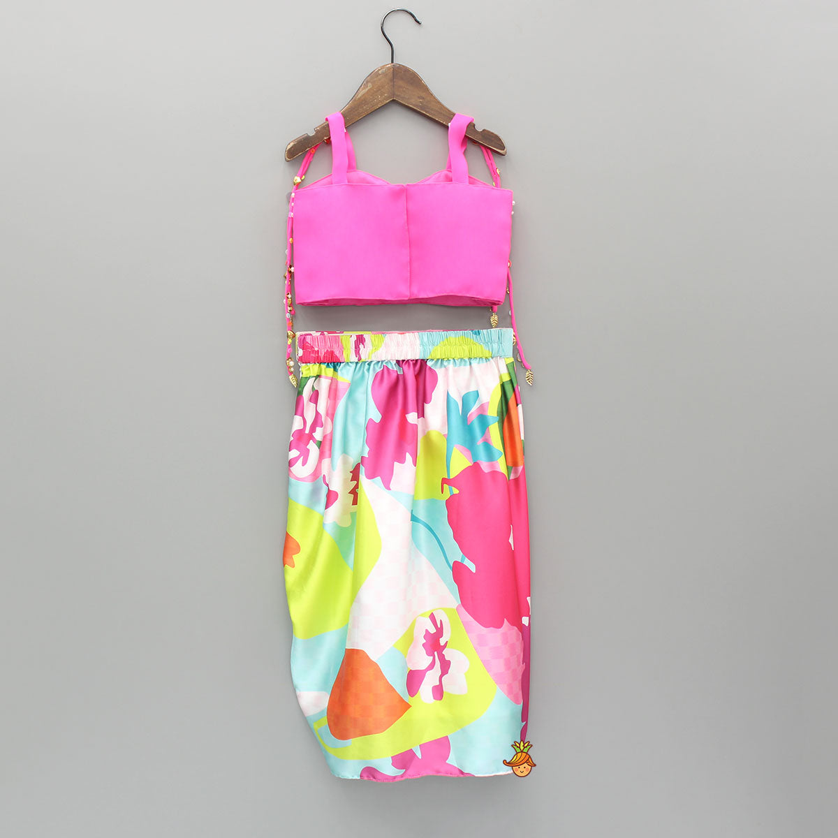 Pink Embellished Strappy Top And Printed Draped Skirt