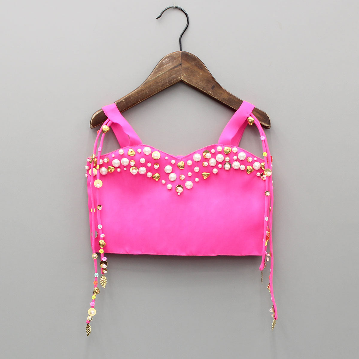 Pink Embellished Strappy Top And Printed Draped Skirt