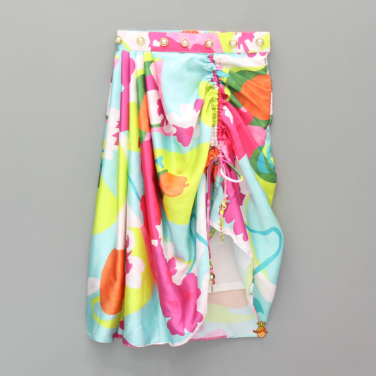 Pink Embellished Strappy Top And Printed Draped Skirt