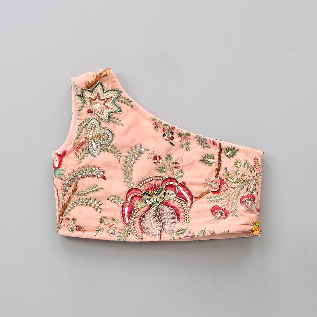 One Shoulder Embroidered Peach Velvet Top And Printed Lehenga