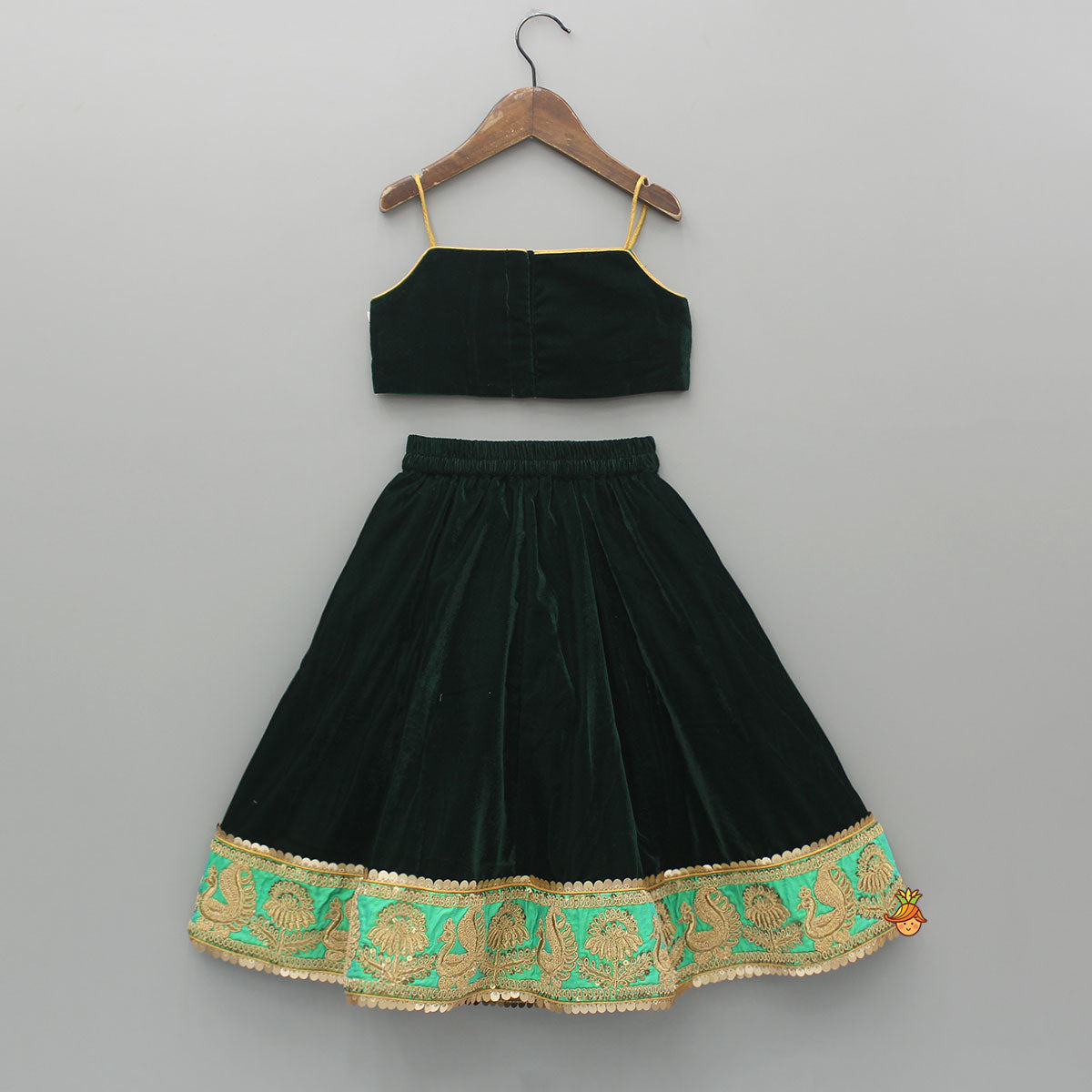 Green Velvet Embroidered Strappy Top And Lehenga With Fringed Dupatta