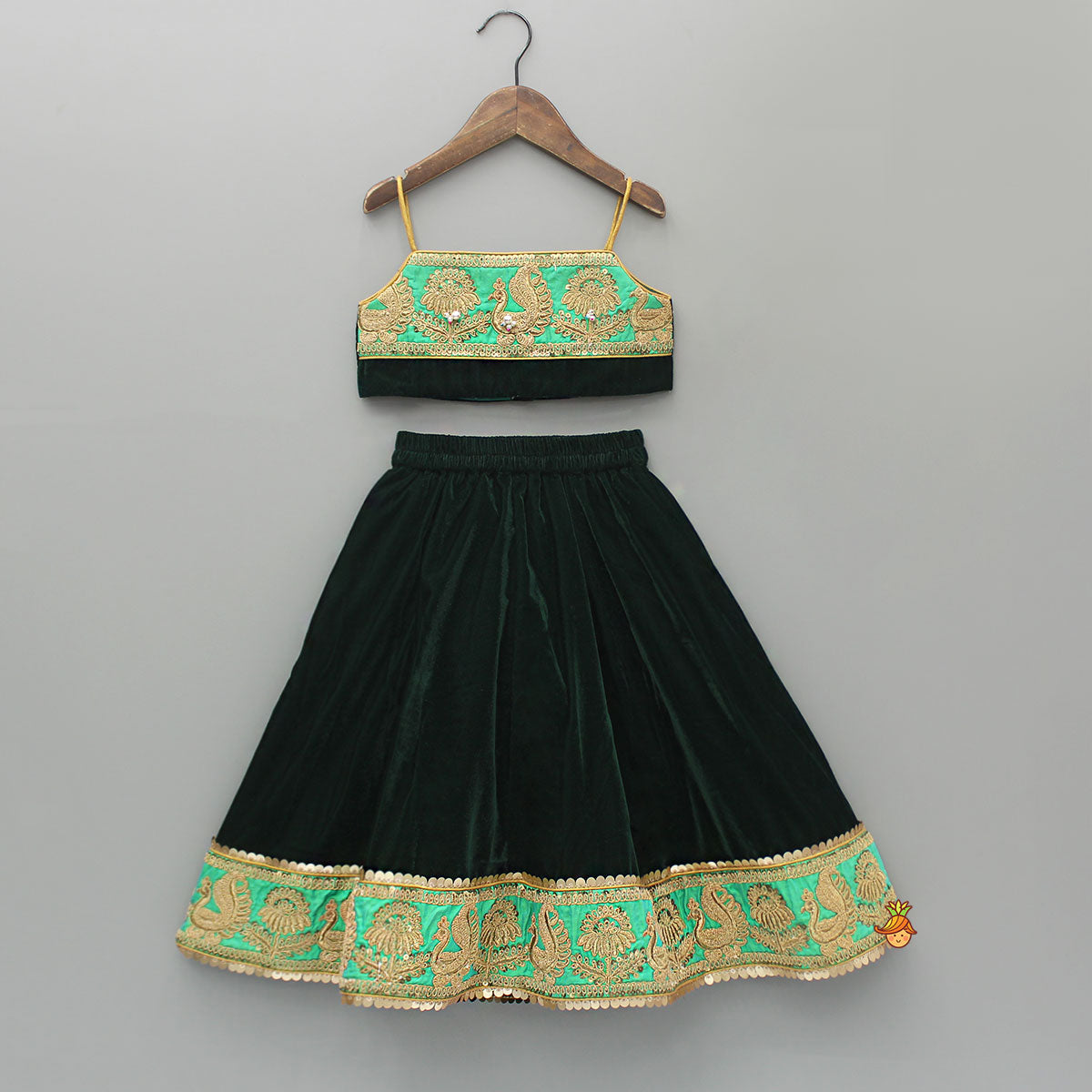 Green Velvet Embroidered Strappy Top And Lehenga With Fringed Dupatta