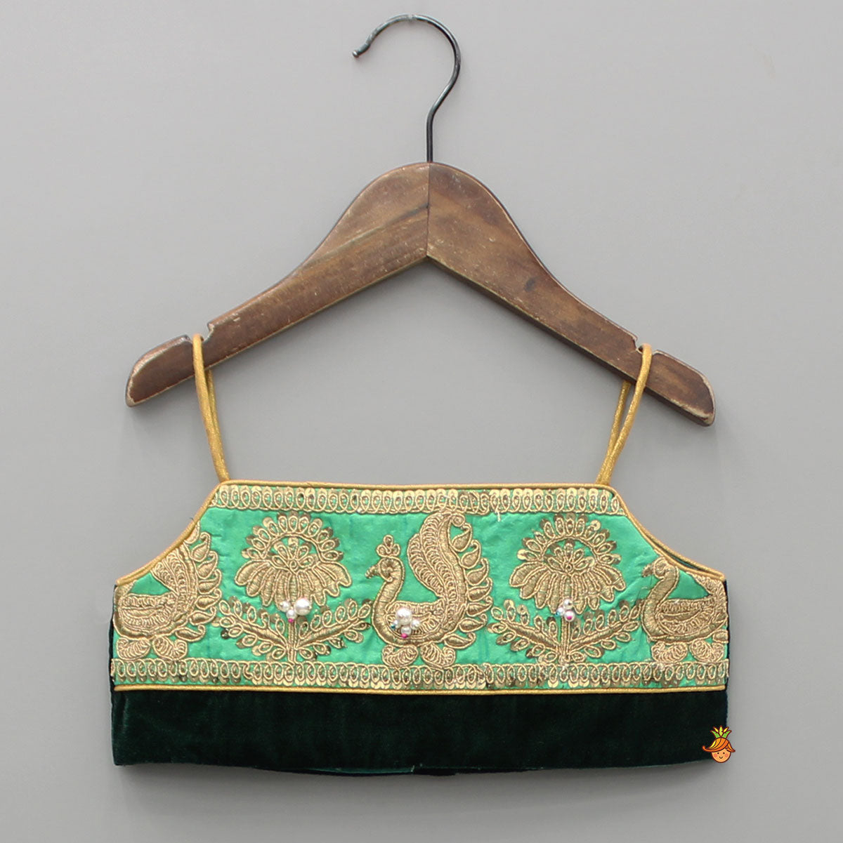 Green Velvet Embroidered Strappy Top And Lehenga With Fringed Dupatta