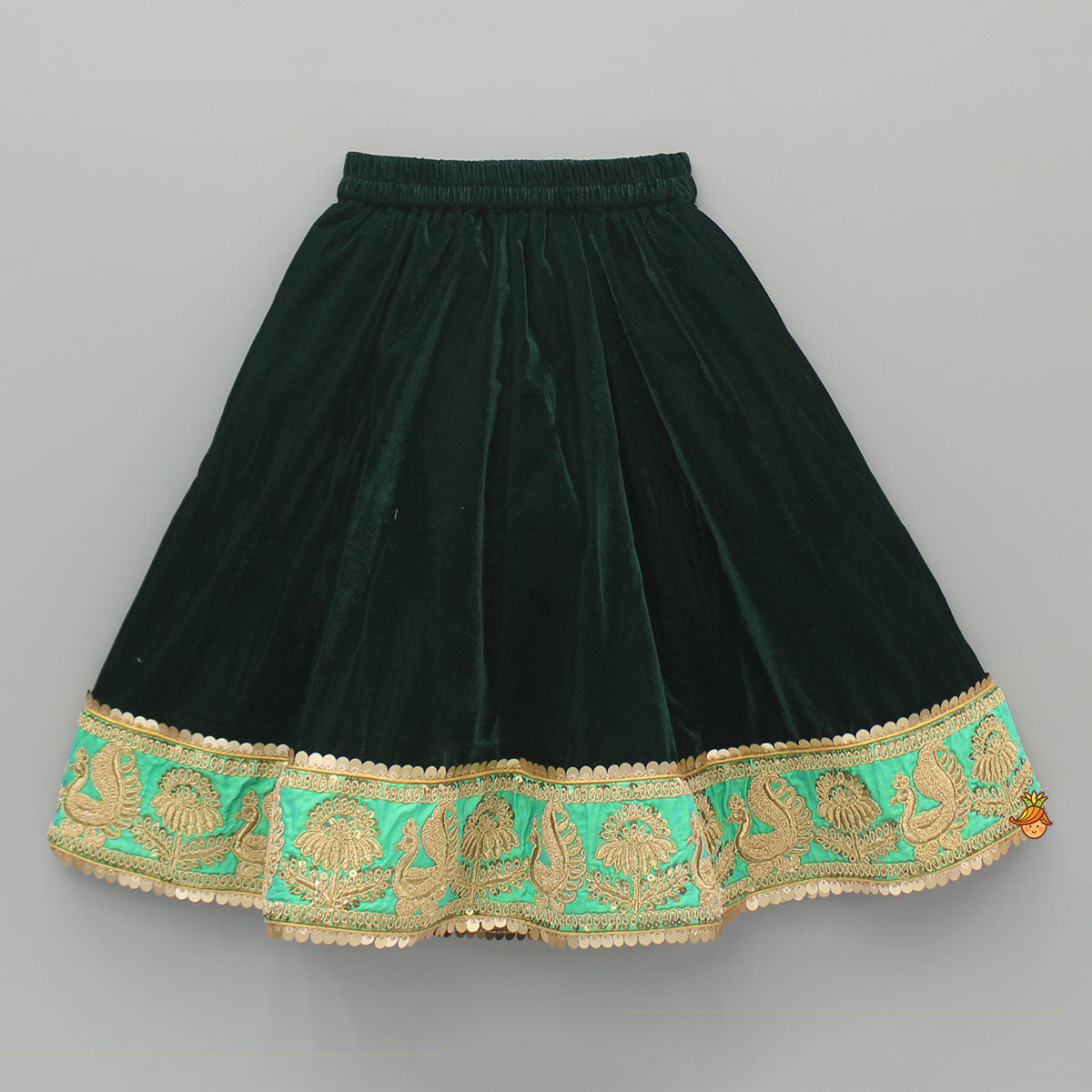 Green Velvet Embroidered Strappy Top And Lehenga With Fringed Dupatta