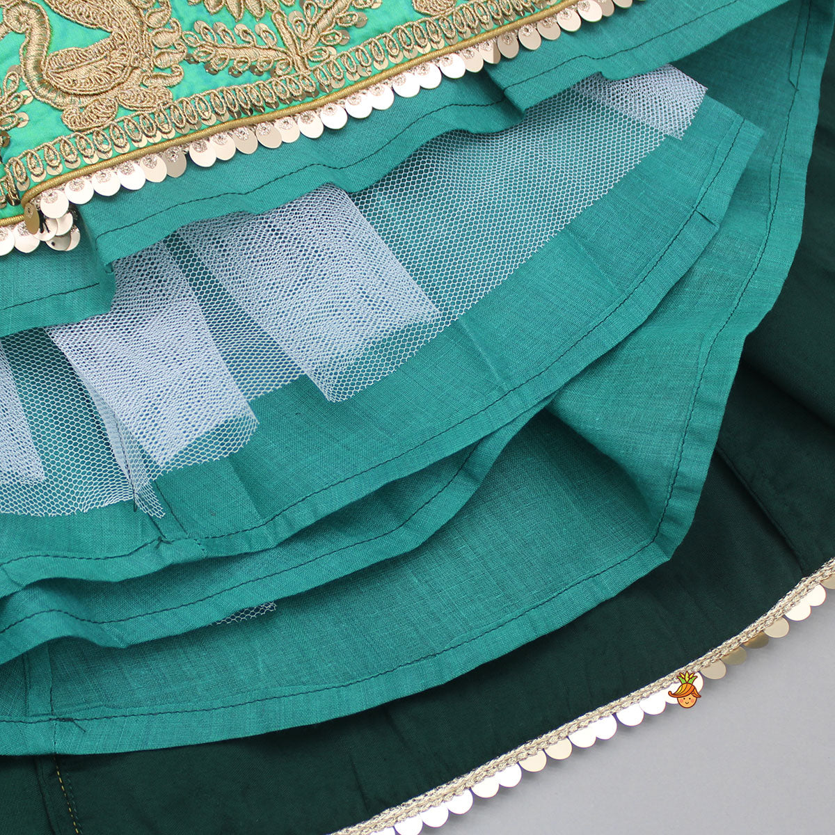 Green Velvet Embroidered Strappy Top And Lehenga With Fringed Dupatta