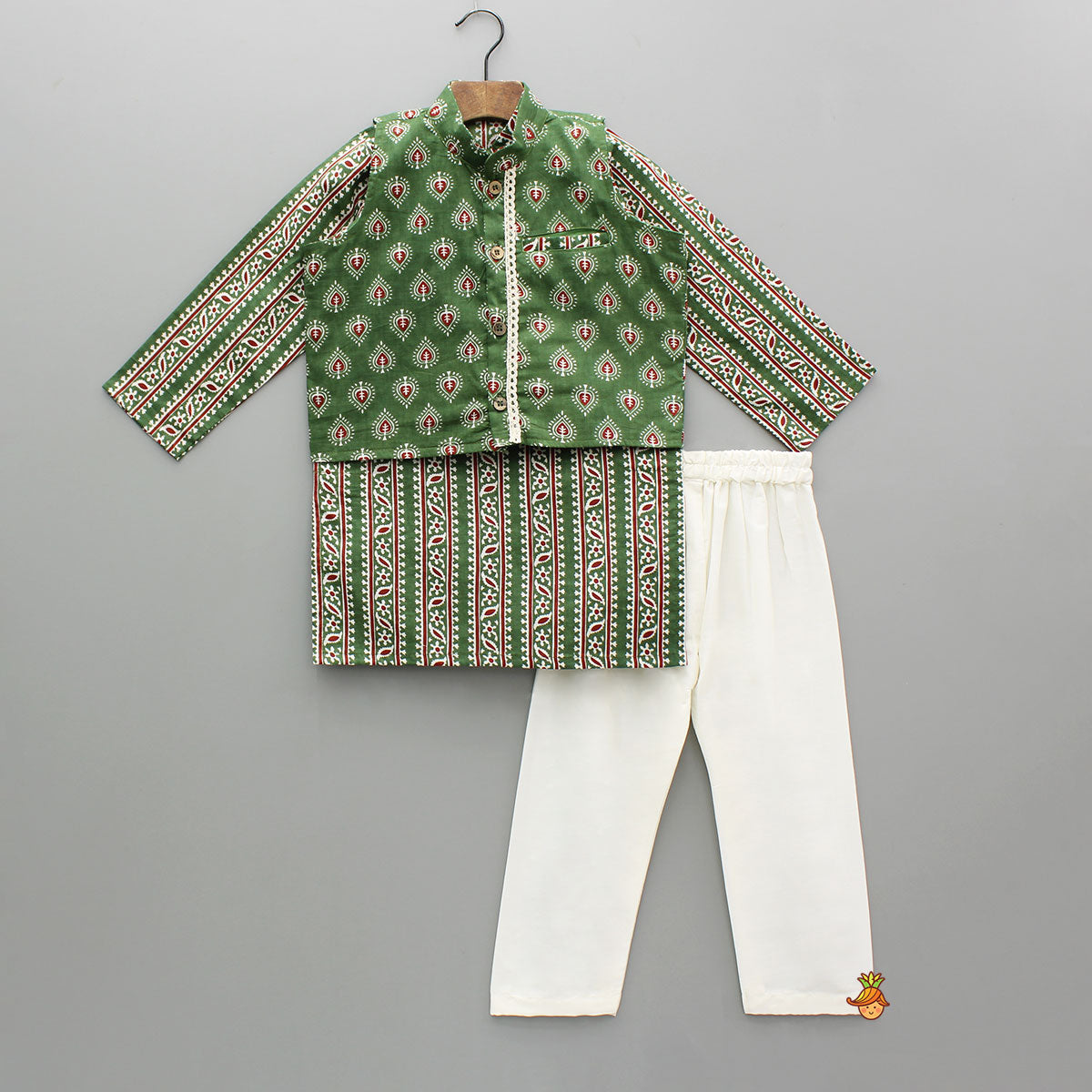 Printed Green Kurta And Jacket With Pyjama