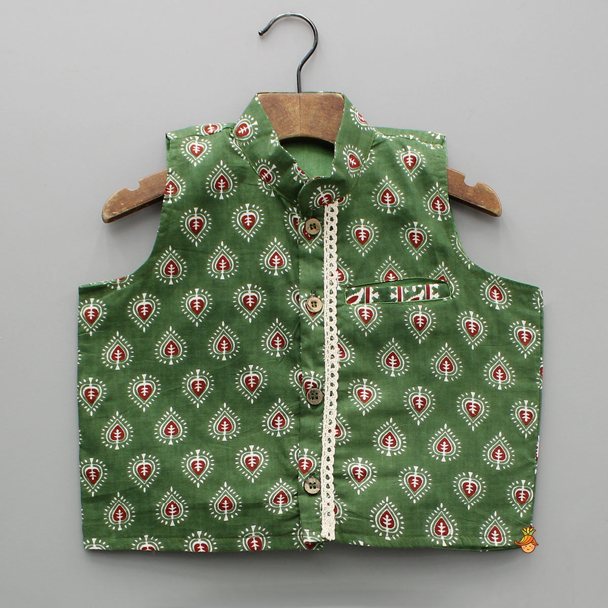 Printed Green Kurta And Jacket With Pyjama