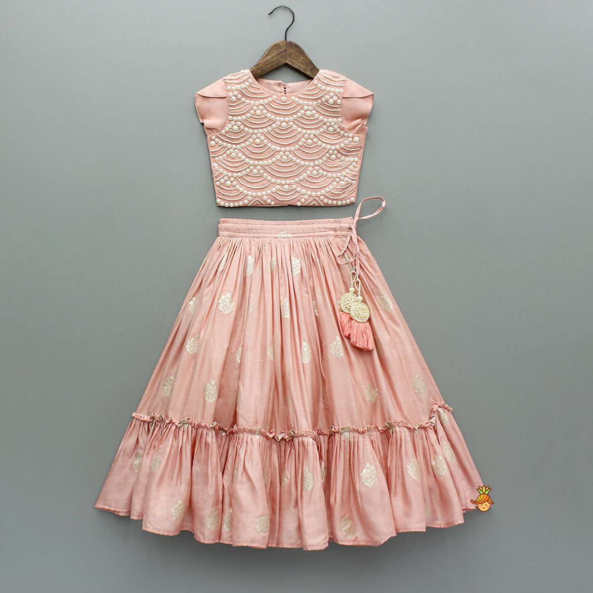 Embellished Peach Top And Brocade Lehenga