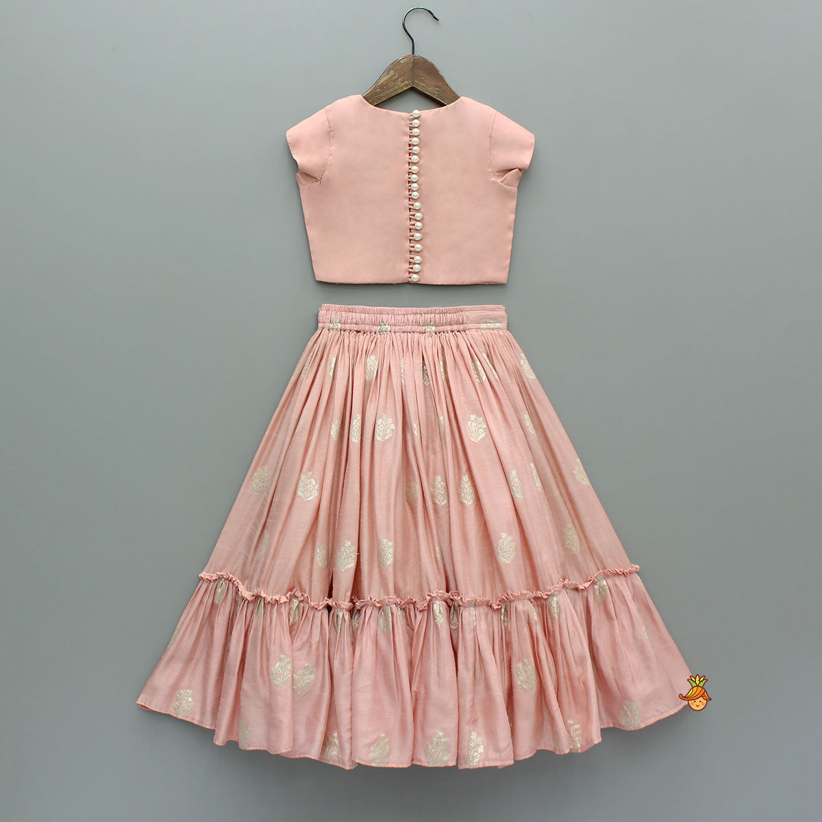 Embellished Peach Top And Brocade Lehenga