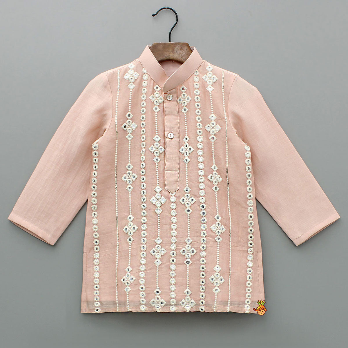 Embroidered Faux Mirror Work Peach Kurta And Pyjama