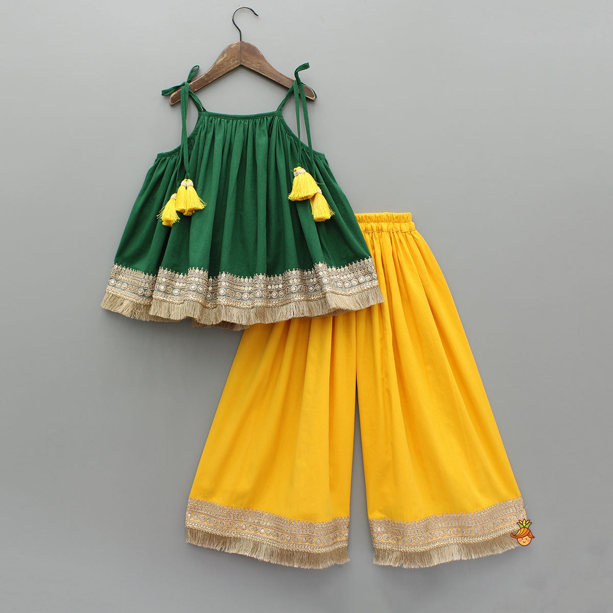 Green Tie Up Strap Top And Flared Palazzo