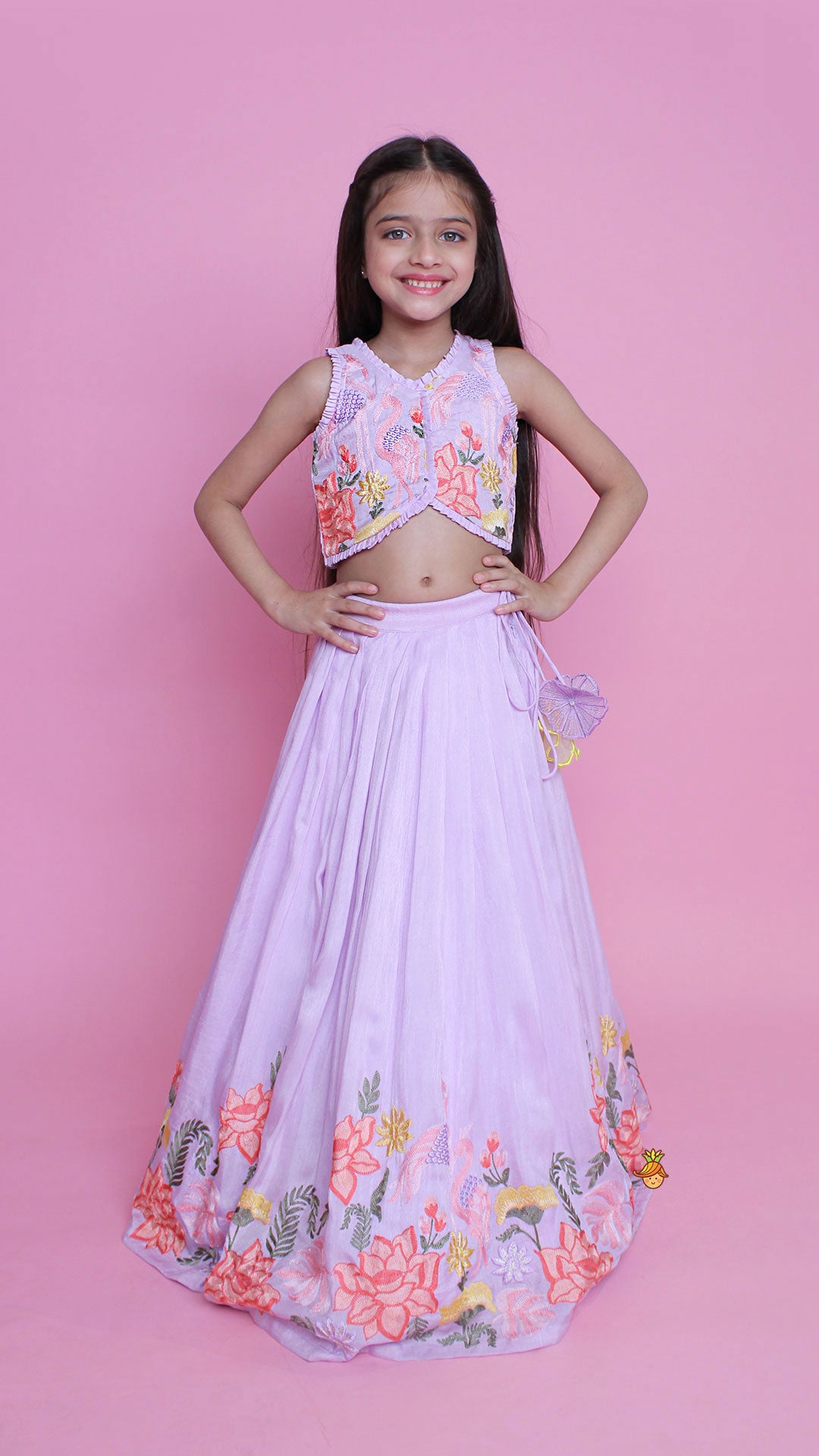 Lavender Embroidered Pleated Top And Lehenga