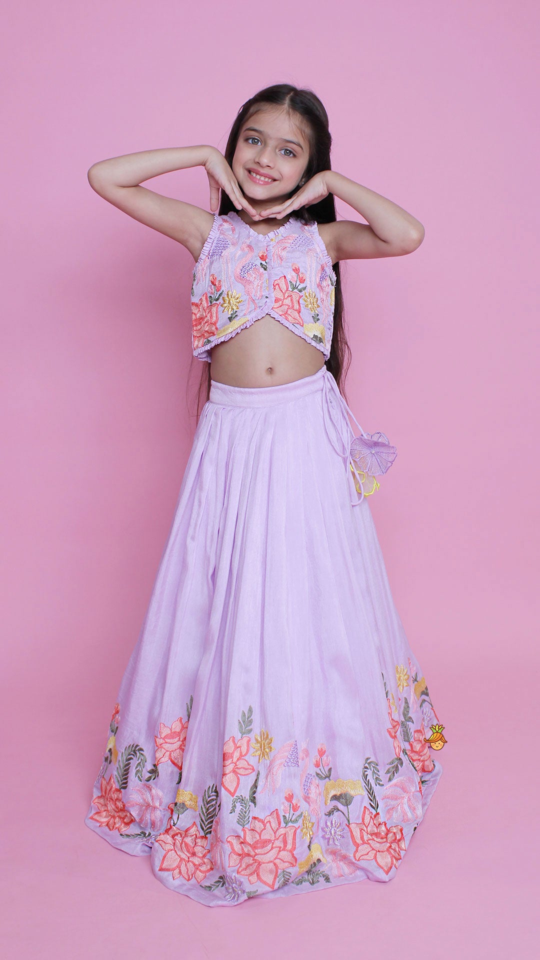 Lavender Embroidered Pleated Top And Lehenga