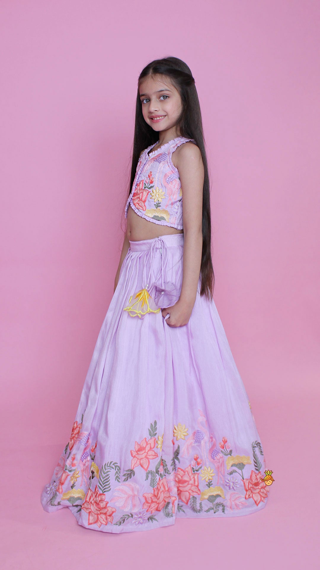 Lavender Embroidered Pleated Top And Lehenga