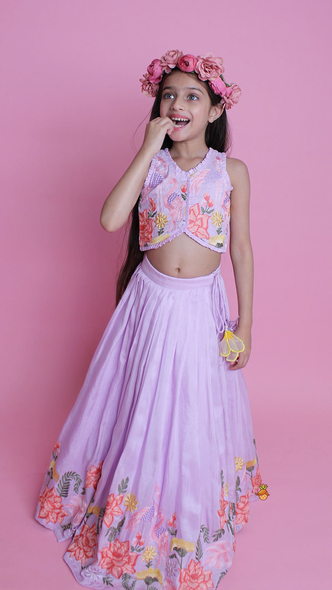 Lavender Embroidered Pleated Top And Lehenga