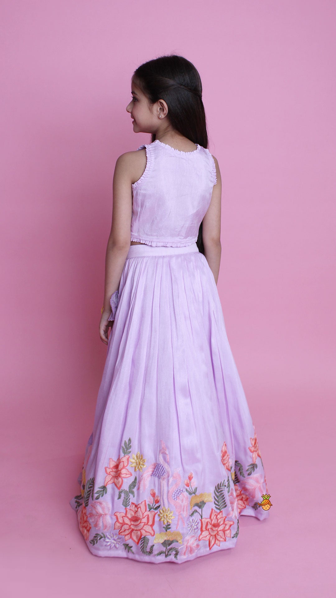 Lavender Embroidered Pleated Top And Lehenga
