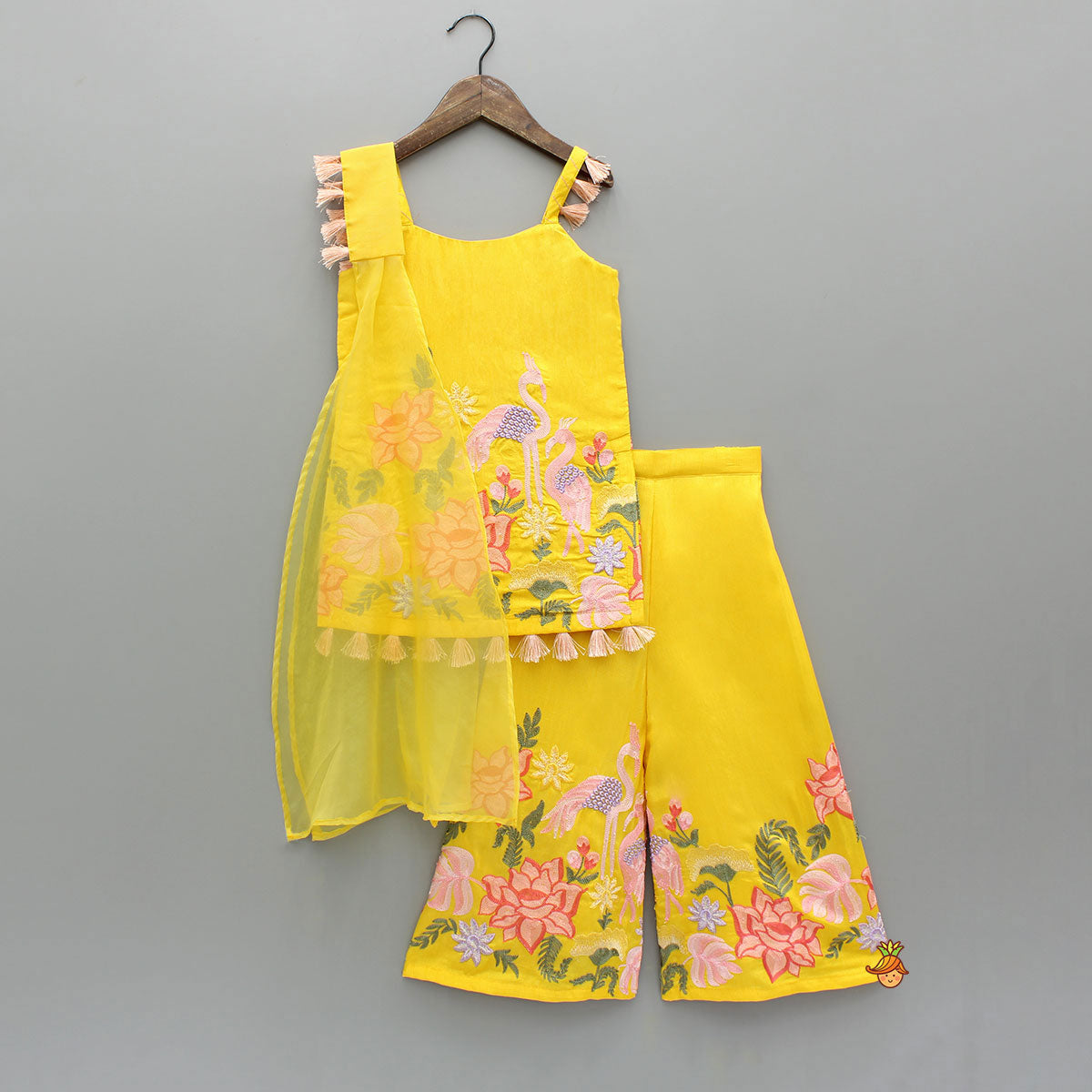 Yellow Embroidered Strappy Kurti And Flared Palazzo With Dupatta