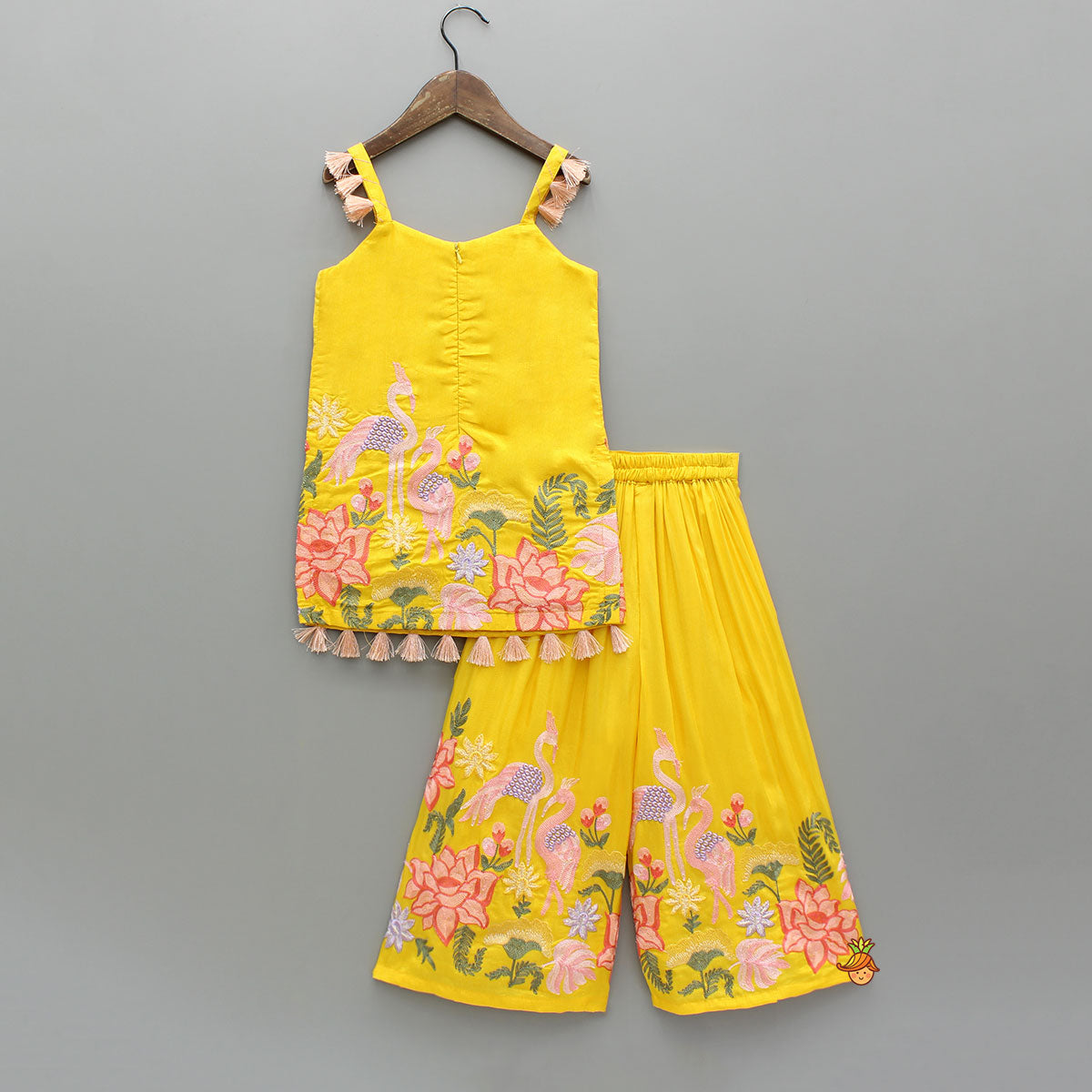Yellow Embroidered Strappy Kurti And Flared Palazzo With Dupatta